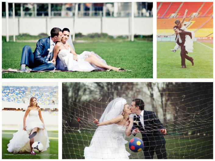 Свадебная фотосессия на футбольном поле